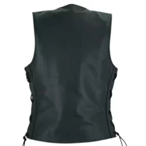 Women's Classic Black Leather Motorcycle Vest with Side Laces and Zipper Pockets