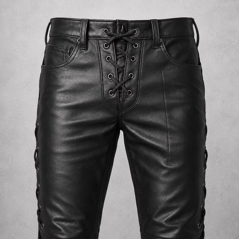 Men's Lace-Up Front & Side Leather Pants – Gothic Biker Style Slim Fit Trousers