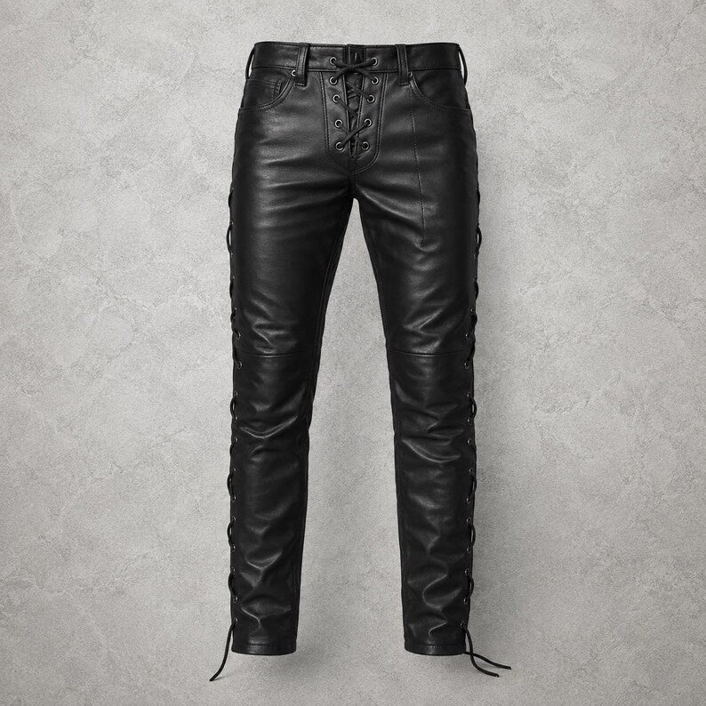 Men's Lace-Up Front & Side Leather Pants – Gothic Biker Style Slim Fit Trousers