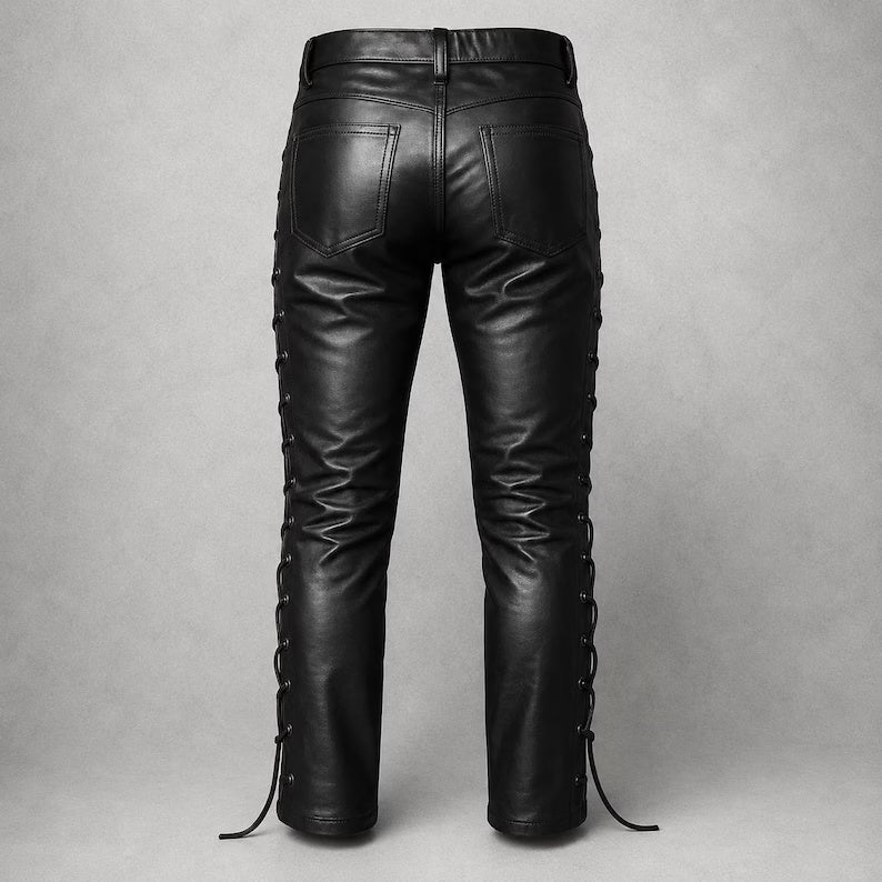 Men's Lace-Up Front & Side Leather Pants – Gothic Biker Style Slim Fit Trousers