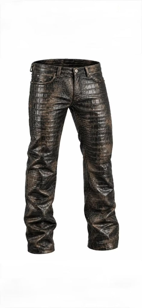 Men's Vintage Distressed Alligator/Crocodile Embossed Leather Pants – Slim Fit Biker & Rocker Style Trousers