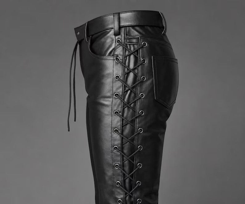 Men's Lace-Up Front & Side Leather Pants – Gothic Biker Style Slim Fit Trousers