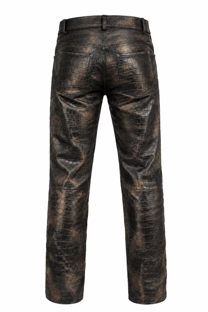 Men's Vintage Distressed Alligator/Crocodile Embossed Leather Pants – Slim Fit Biker & Rocker Style Trousers