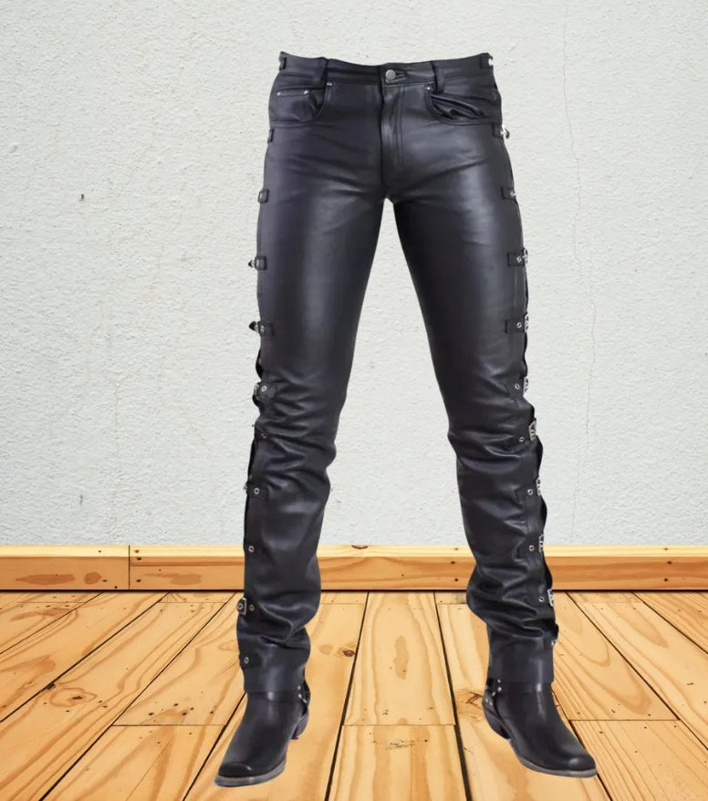 Men's Genuine Black Leather Biker Pants with Side Buckles – Gothic/Punk Slim-Fit Motorcycle Trousers