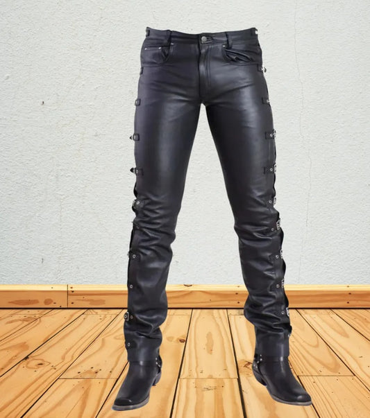 Men's Genuine Black Leather Biker Pants with Side Buckles – Gothic/Punk Slim-Fit Motorcycle Trousers
