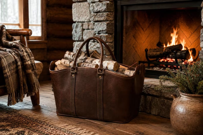 Premium Leather Log Carrier Tote Bag – Heavy-Duty Firewood Storage Basket & Holder with Reinforced Handles