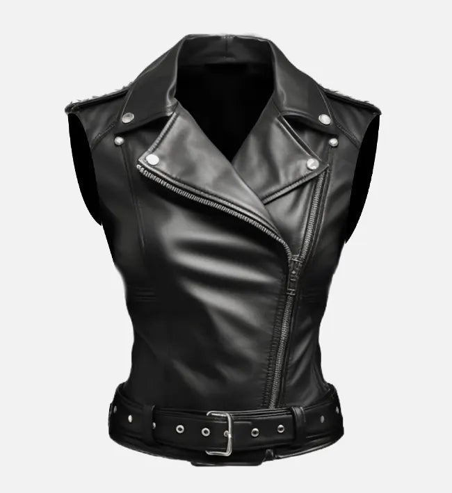 Women's Edgy Studded Black Leather Biker Vest with Belt