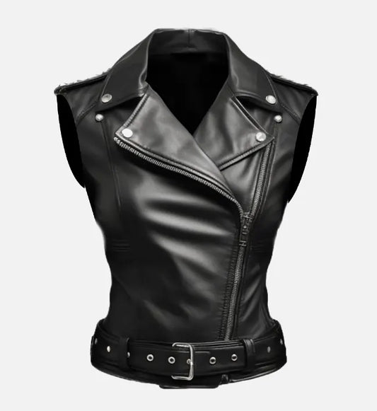 Women's Edgy Studded Black Leather Biker Vest with Belt