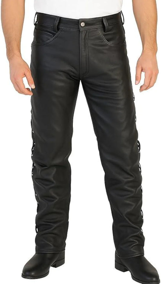 Men’s Side-Laced Black Leather Biker Pants