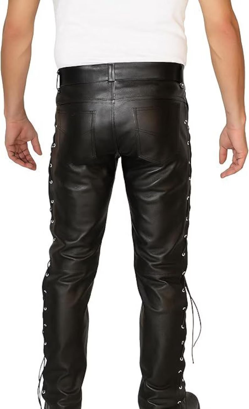Men’s Side-Laced Black Leather Biker Pants