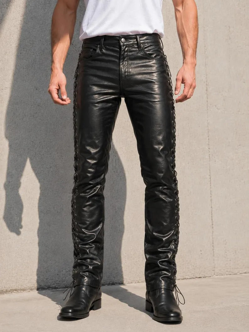 Men's Black Side-Laced Genuine Leather Pants – Slim Fit Biker & Rocker Trousers