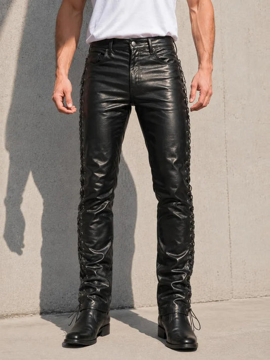 Men's Black Side-Laced Genuine Leather Pants – Slim Fit Biker & Rocker Trousers