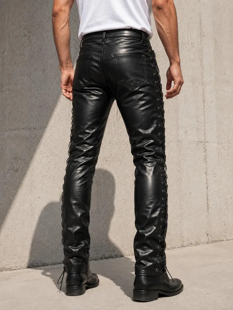 Men's Black Side-Laced Genuine Leather Pants – Slim Fit Biker & Rocker Trousers