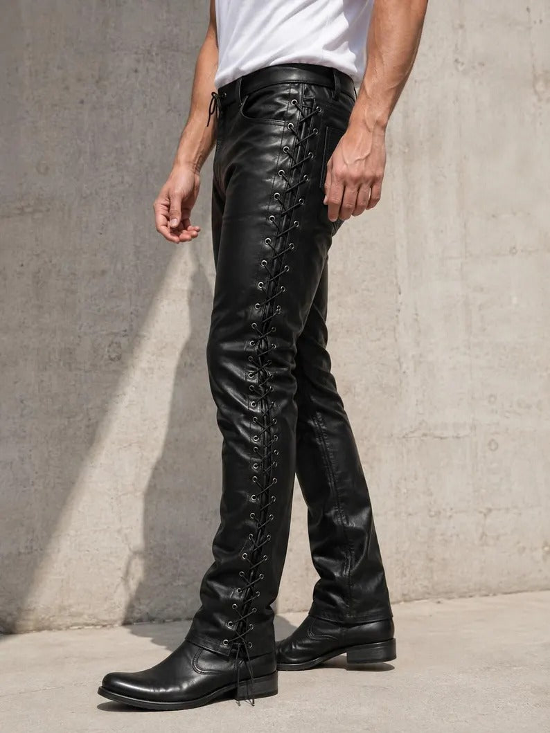 Men's Black Side-Laced Genuine Leather Pants – Slim Fit Biker & Rocker Trousers