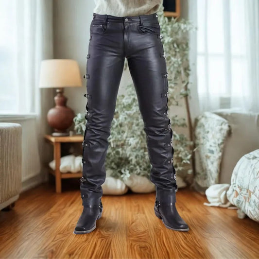 Men's Slim-Fit Genuine Leather Pants with Side Buckle Straps – Biker & Gothic Style
