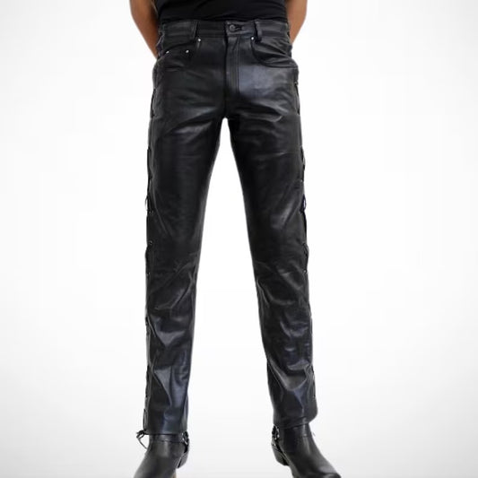 Men’s Side Lace-Up Real Leather Biker Pants | Slim Fit Leather Trousers