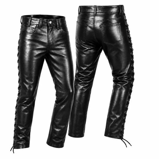 Men's Black Leather Biker Pants with Side Lace-Up Detailing – Slim Fit Motorcycle Riding Trousers
