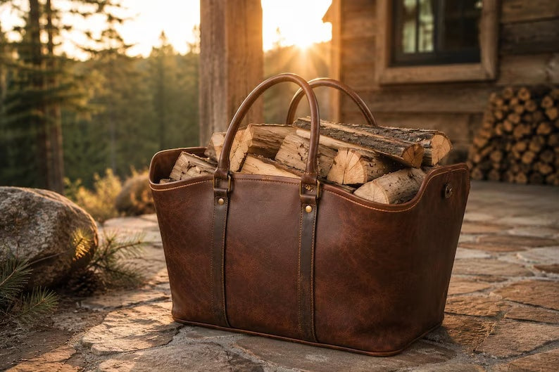 Premium Leather Log Carrier Tote Bag – Heavy-Duty Firewood Storage Basket & Holder with Reinforced Handles