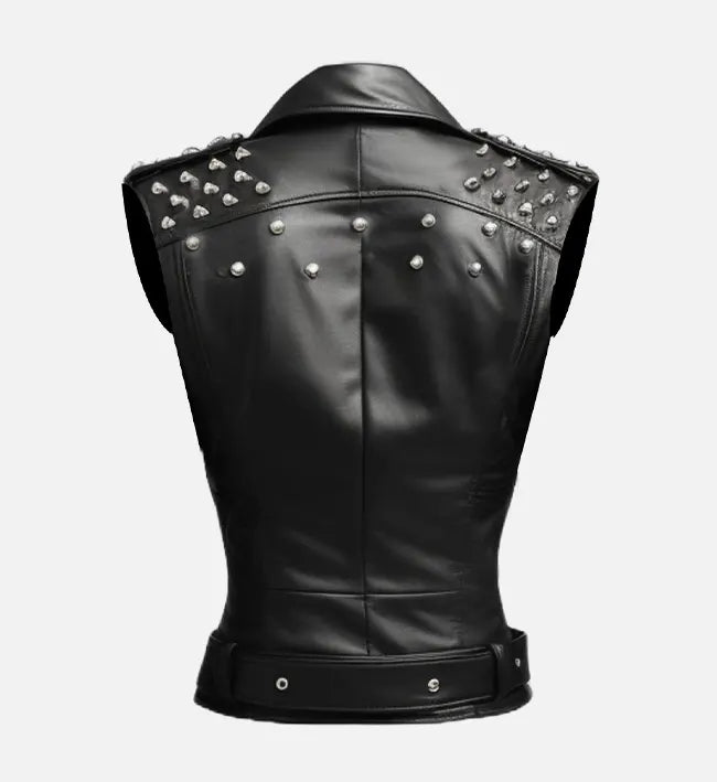 Women's Edgy Studded Black Leather Biker Vest with Belt