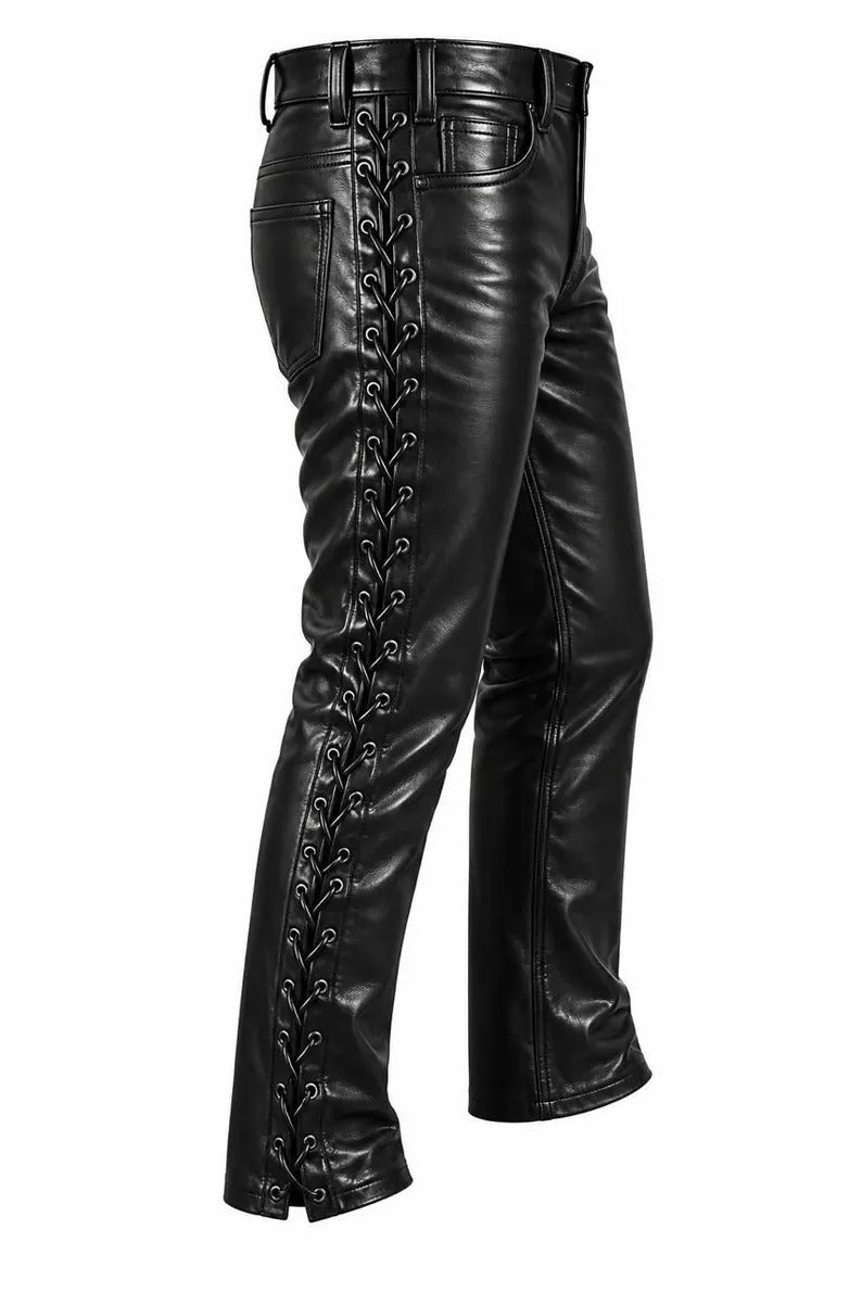 Men's Black Leather Biker Pants with Side Lace-Up Detailing – Slim Fit Motorcycle Riding Trousers