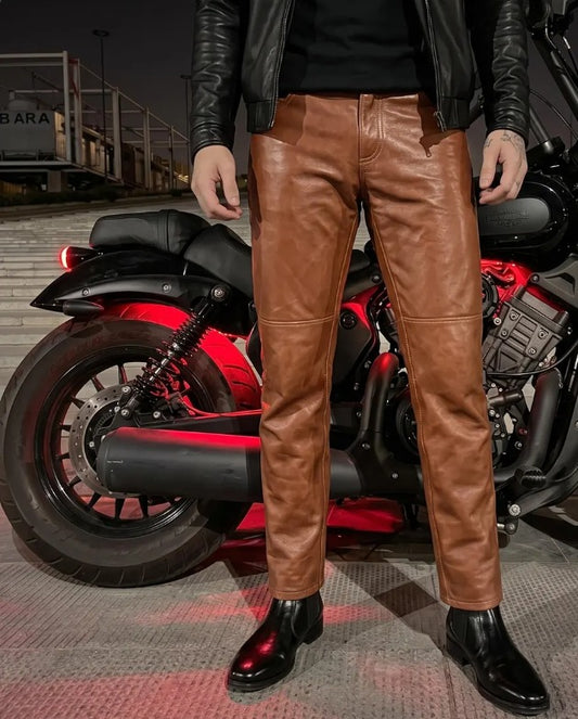 Men’s Classic Cognac Brown Real Leather Biker Pants – Slim Fit Motorcycle Trousers