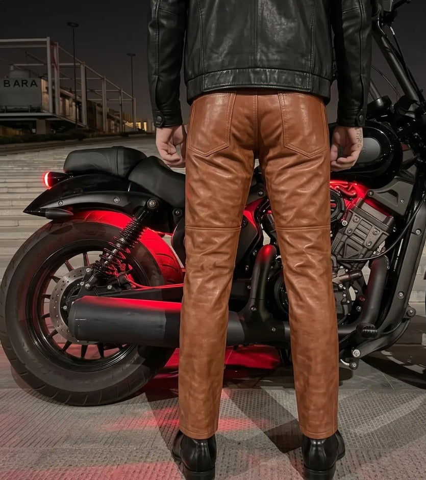 Men’s Classic Cognac Brown Real Leather Biker Pants – Slim Fit Motorcycle Trousers