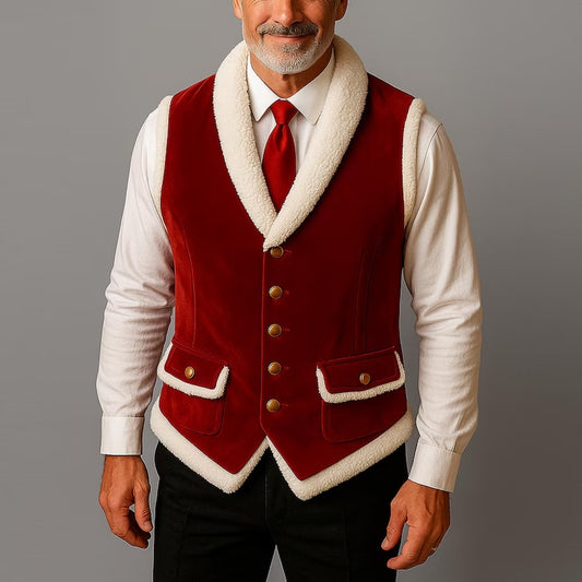 Men's Luxury Red Velvet Santa Vest with Fleece Trim & Brass Buttons – Festive Holiday Cosplay & Formal Waistcoat