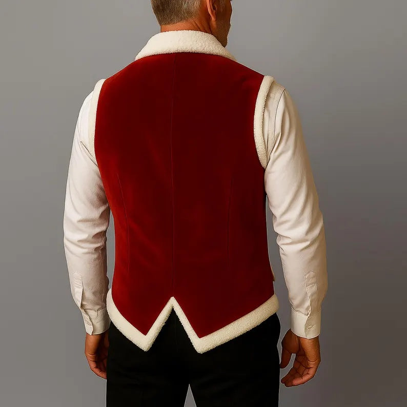 Men's Luxury Red Velvet Santa Vest with Fleece Trim & Brass Buttons – Festive Holiday Cosplay & Formal Waistcoat