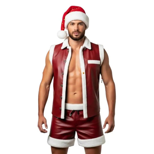 Men’s Sexy Faux Leather Santa Cosplay Costume Set – Vest, Shorts, and Hat