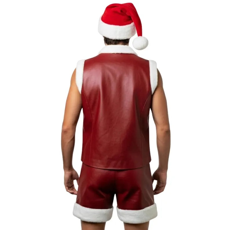 Men’s Sexy Faux Leather Santa Cosplay Costume Set – Vest, Shorts, and Hat