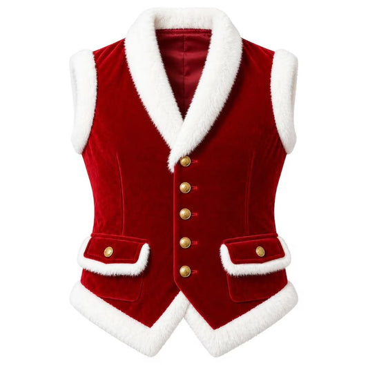 Men's Velvet Santa Claus Costume Vest – Christmas Faux Fur Trim Waistcoat with Brass Buttons for Holiday Cosplay & Parties
