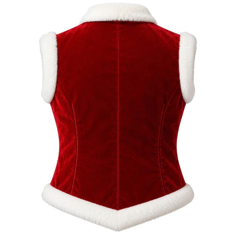 Men's Velvet Santa Claus Costume Vest – Christmas Faux Fur Trim Waistcoat with Brass Buttons for Holiday Cosplay & Parties