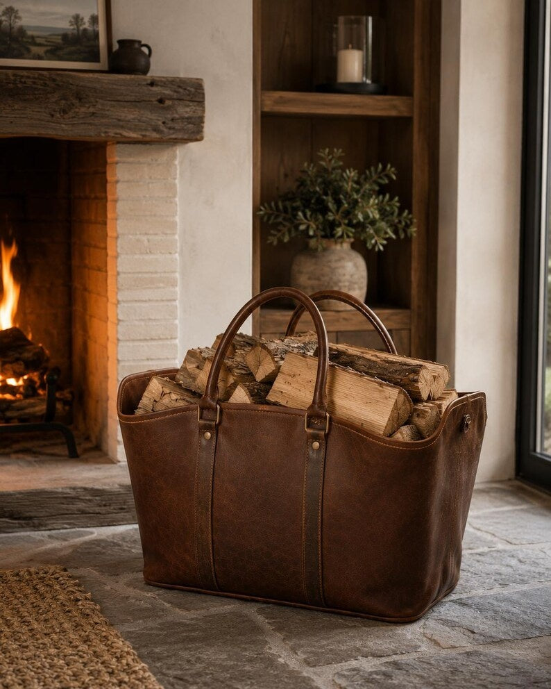Premium Leather Log Carrier Tote Bag – Heavy-Duty Firewood Storage Basket & Holder with Reinforced Handles