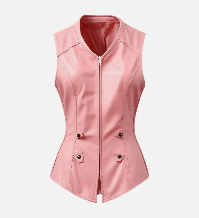 Women's Pink Faux Leather Zip-Up Vest with Back Belt and Button Details