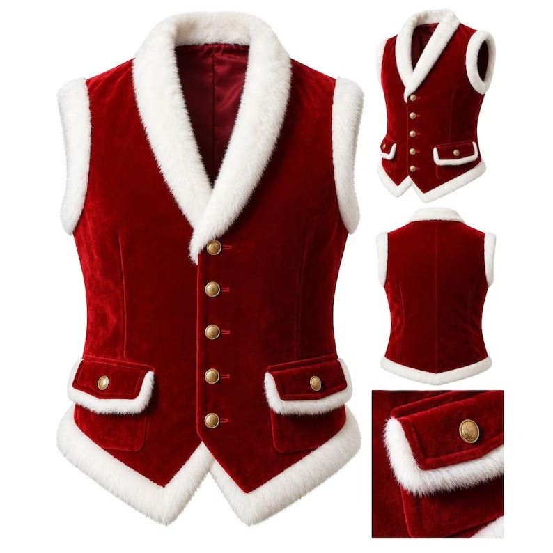 Men's Velvet Santa Claus Costume Vest – Christmas Faux Fur Trim Waistcoat with Brass Buttons for Holiday Cosplay & Parties