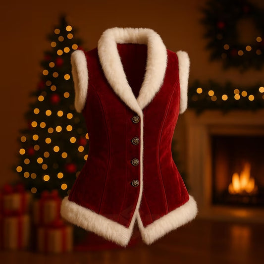Women’s Christmas Velvet Corset Vest – Faux Fur Trimmed Santa Cosplay Waistcoat with Metallic Buttons