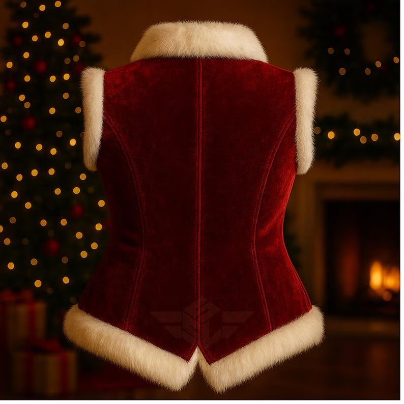 Women’s Christmas Velvet Corset Vest – Faux Fur Trimmed Santa Cosplay Waistcoat with Metallic Buttons