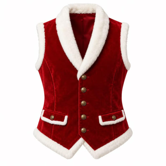 Men’s Christmas Red Velvet Vest – Santa Claus Fur-Trimmed Costume Waistcoat with Antique Gold Buttons