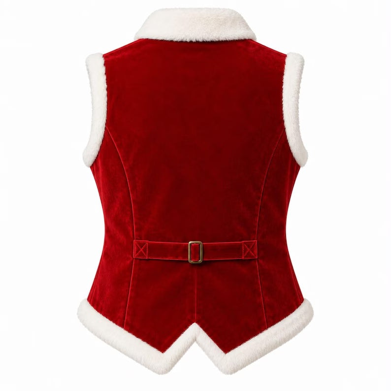 Men’s Christmas Red Velvet Vest – Santa Claus Fur-Trimmed Costume Waistcoat with Antique Gold Buttons