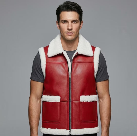 Men’s Red Leather Shearling Vest – Genuine Leather Vest with Faux Fur Lining & Collar