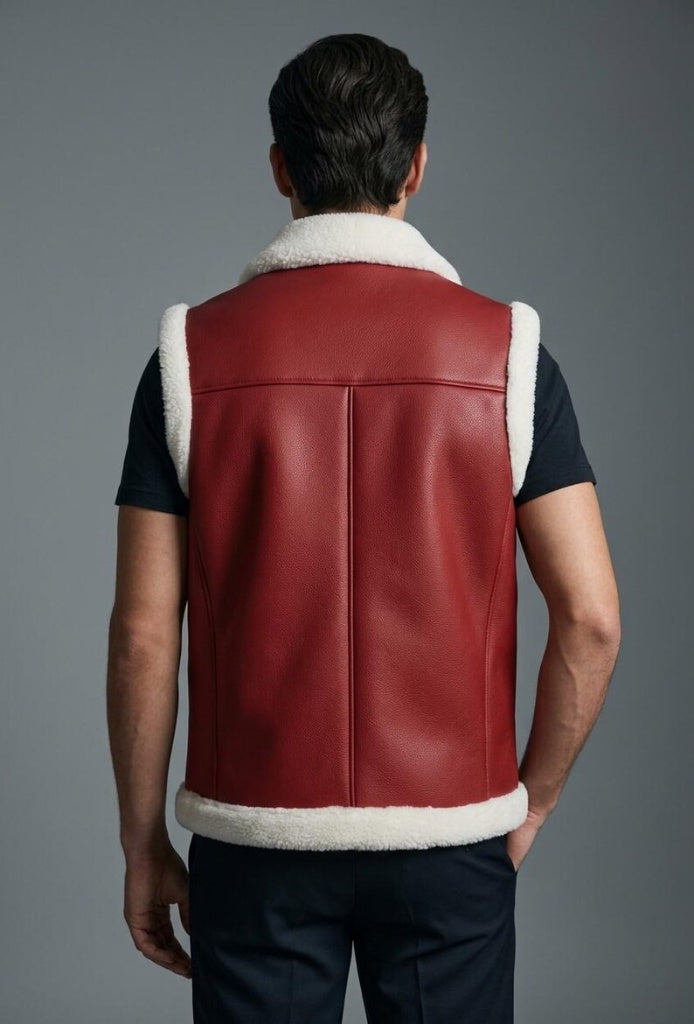 Men’s Red Leather Shearling Vest – Genuine Leather Vest with Faux Fur Lining & Collar