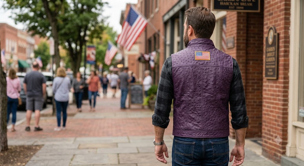 Men's Plum Ostrich Leather Vest with American Flag Patch