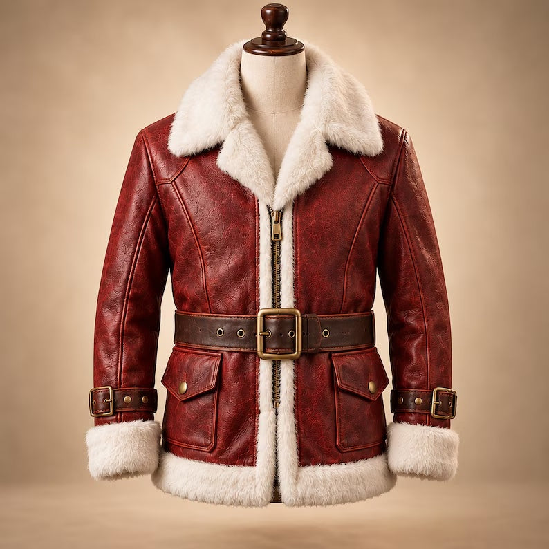 Men's Red Shearling Leather Jacket – Vintage Santa Claus Aviator Bomber Coat with Belt