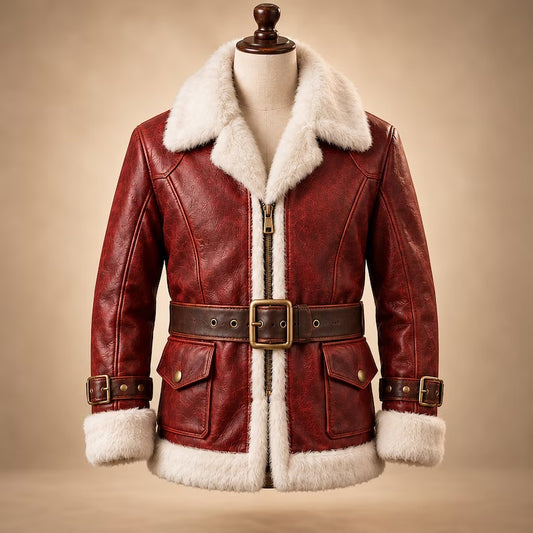 Men's Red Shearling Leather Jacket – Vintage Santa Claus Aviator Bomber Coat with Belt