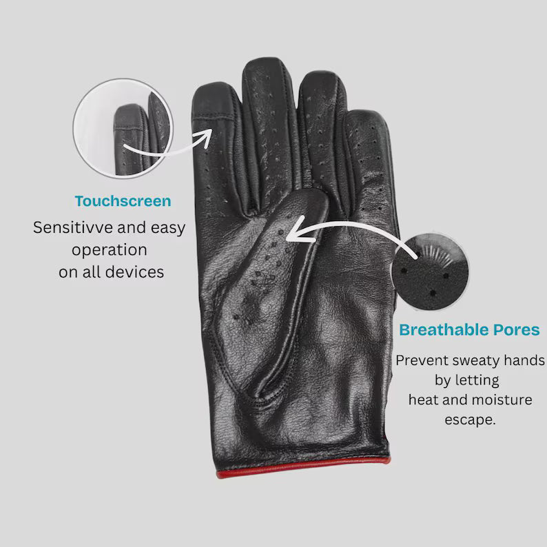 Men's Premium Black Leather Car Driving Gloves with Touchscreen Compatibility and Breathable Pores