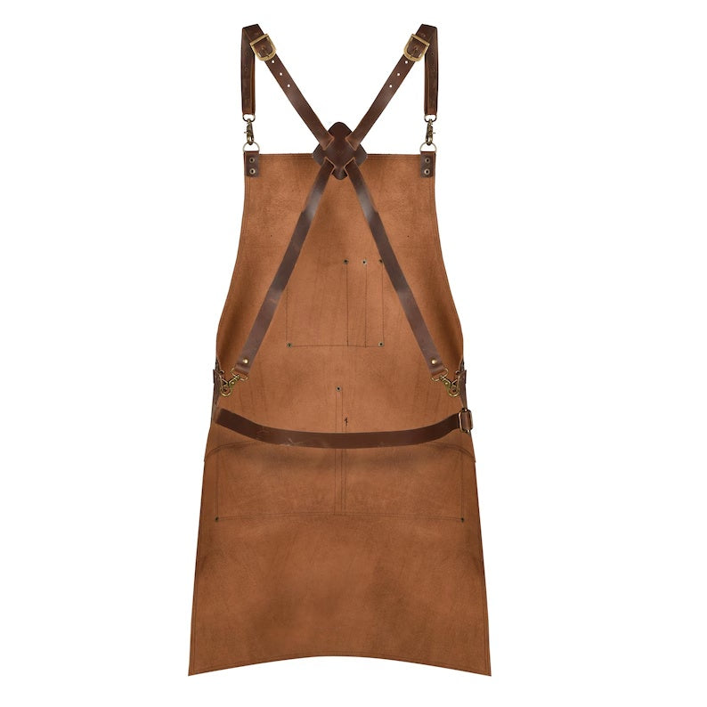 Heavy-Duty Full Grain Leather Work Apron – Adjustable Crossback Straps & Multi-Tool PocketsHandcrafted Real Leather Shop Apron for