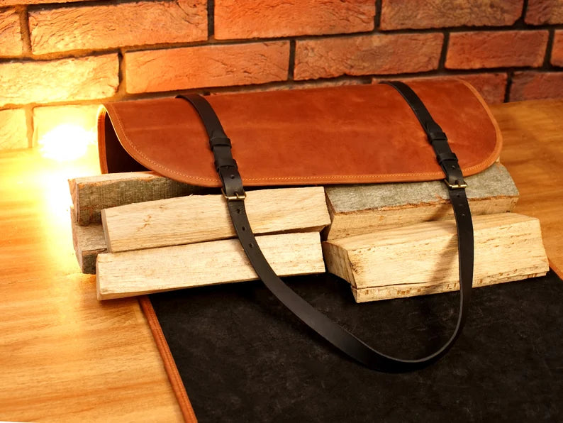 Handcrafted Genuine Leather Firewood Carrier & Log Tote Bag