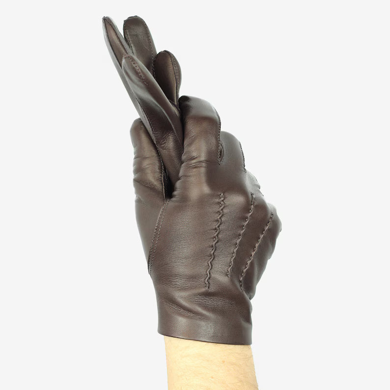 Men's Classic Brown Leather Driving Gloves with Snap Closure