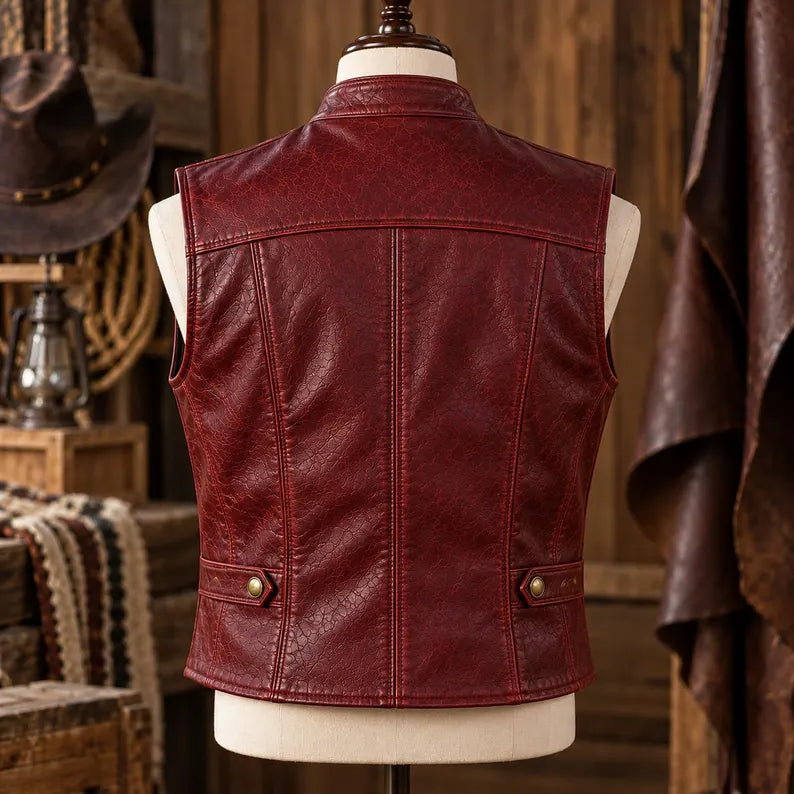 Men's Vintage Distressed Red Faux Leather Motorcycle Vest with Multi-Pockets  Classic Stand Collar Crimson Leather Biker Vest for Men  Men's Retro Western-Style Red Leather Waistcoat with Zipper and Snap Details