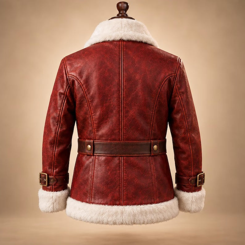 Men's Red Shearling Leather Jacket – Vintage Santa Claus Aviator Bomber Coat with Belt
